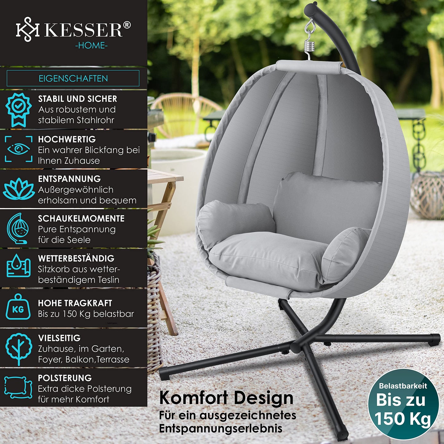 KESSER® Luxe Hängesessel mit Gestell + weicher Sitzkissen, Seitenpolsterung, Sitz- und Rückenkissen Hängekorb Indoor & Outdoor, Garten Schaukel Korb Hängestuhl Stabiler Standfuß, max. 150 kg Grau