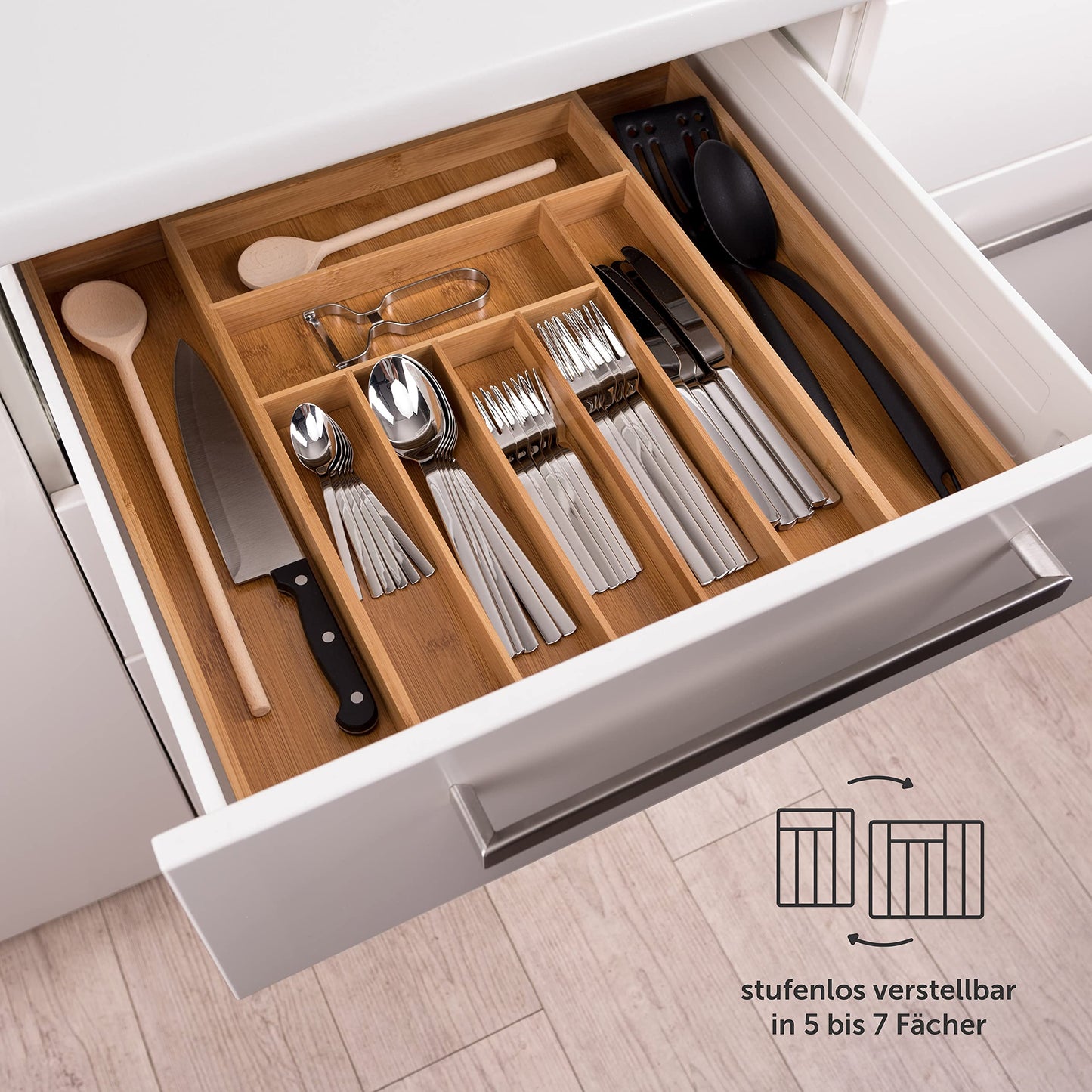 Blumtal Besteckkasten aus Bambus - größenverstellbarer Schubladentrenner Küche - Besteck Organizer 5 bis 7 Fächer - ausziehbare Schublade für Küchenschubladen - Organizer Küche Besteck in medium