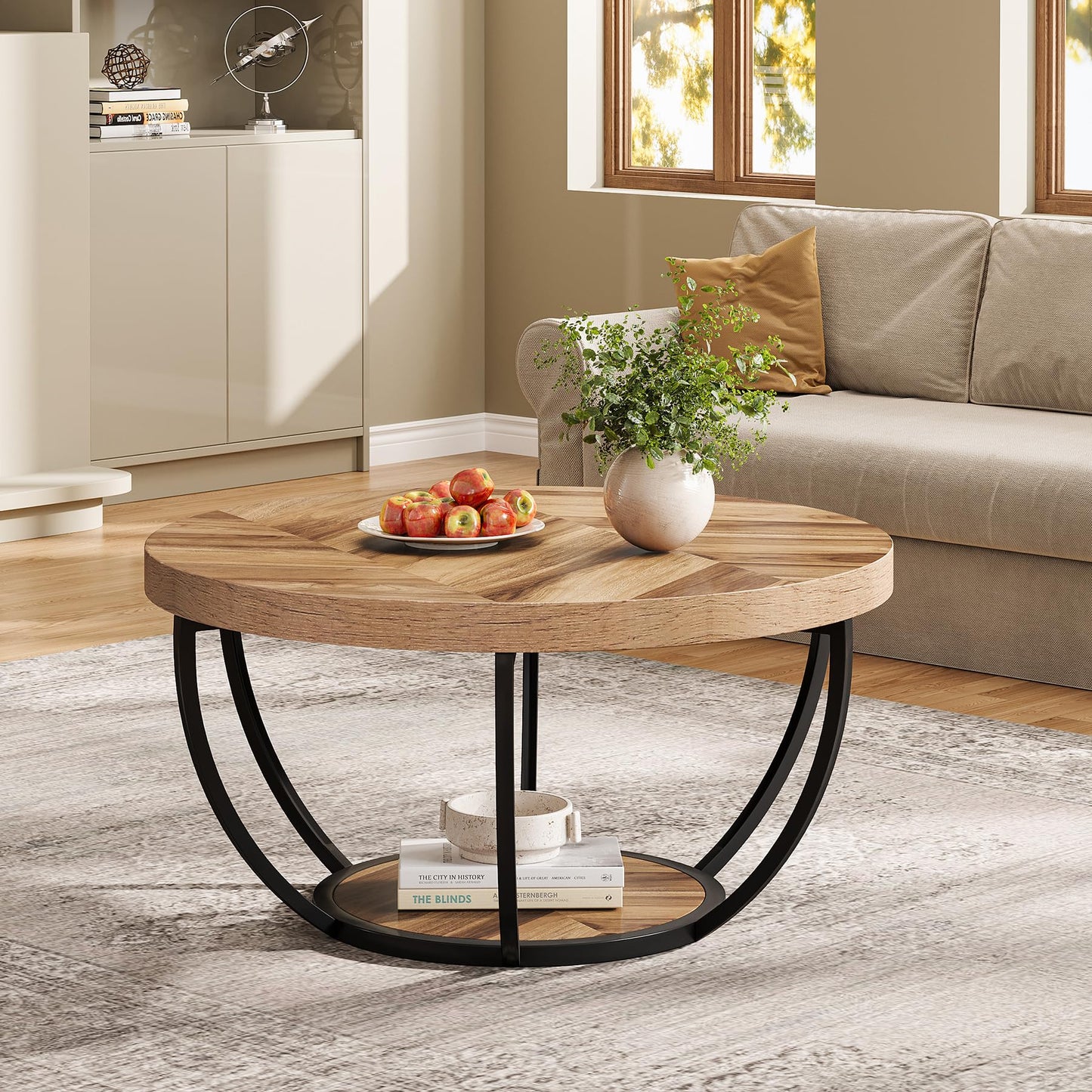 Tribesigns Runde Couchtisch, Industrial 2-Tier-Kreis Couchtisch mit Lagerung Regale, Moderne hölzerne Akzent Mitte Tisch Sofa Beistelltisch für Wohnzimmer, Home Office