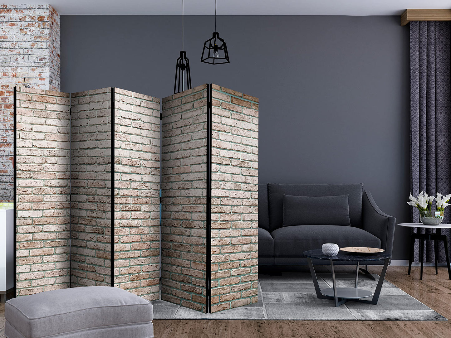 murando - Paravent Raumteiler Innen Ziegel 225x172 cm 5-teilig Einseitig Raumtrenner Trennwand Holz Room Divider Mobiler Sichtschutz Spanische Wand Raum Abtrennung 3D Effekt Steinwand f-A-0570-z-c