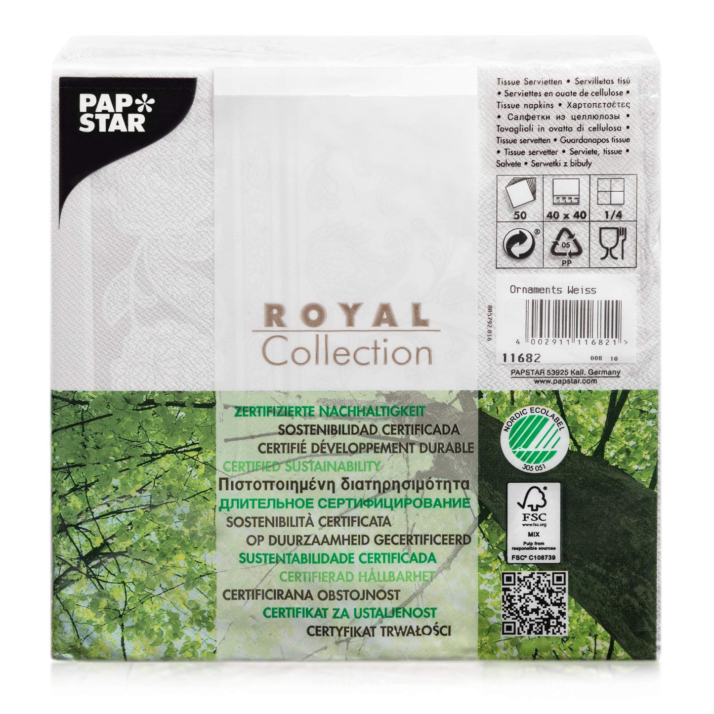 Papstar 11682 50-Servietten "Royal Collection" 1/4-Falz 40 x 40 cm "Ornaments", weiß