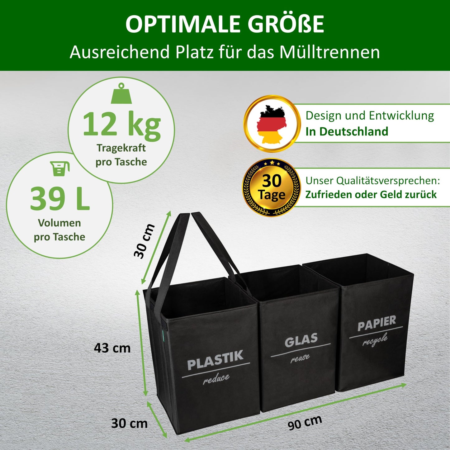 COTTARA® Mülltrennsystem 3fach faltbar mit 5fach Stabilisierung| Recycling Behälter aus robustem Material | Perfekt als Mülltrenner, Pfandflaschen Aufbewahrung, Recycling-System | Schwarz