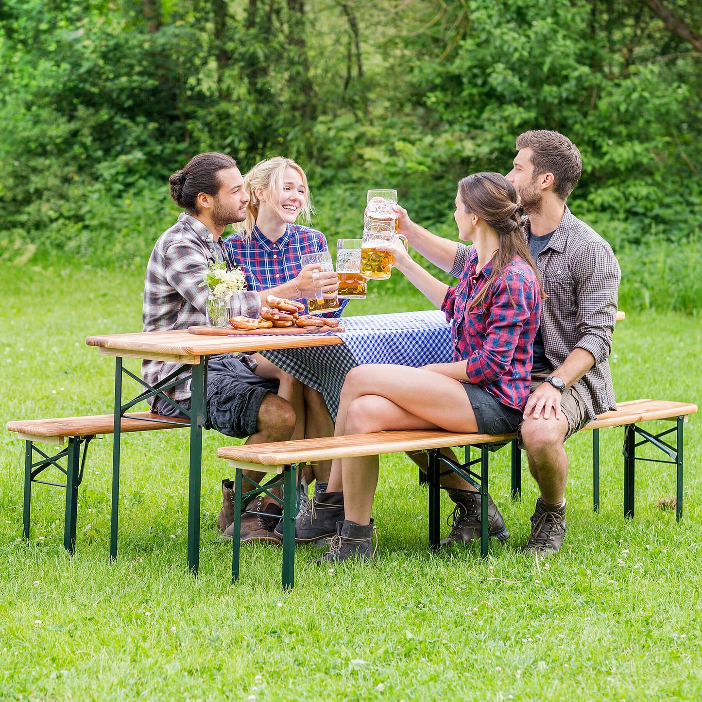 tectake® Bierzeltgarnitur, Festzeltgarnitur, Biertisch, Set 2X Bierbank 1x Tisch klappbar, als Gartenmöbel, Balkon Möbel oder zum Camping, platzsparend, wetterfest und robust