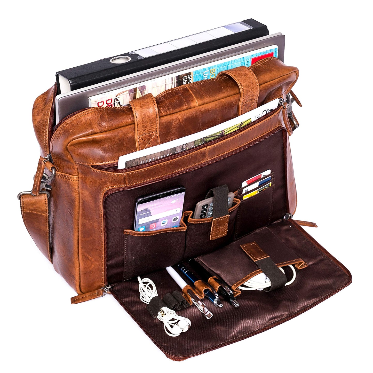 ALMADIH Leder Laptoptasche Aktentasche BRUNO antik - Premium Business Tasche Umhängetasche Unitasche Herren Messenger Arbeitstasche Schultertasche Dokumenten Kofferschlaufe braun (BRUNO antik)