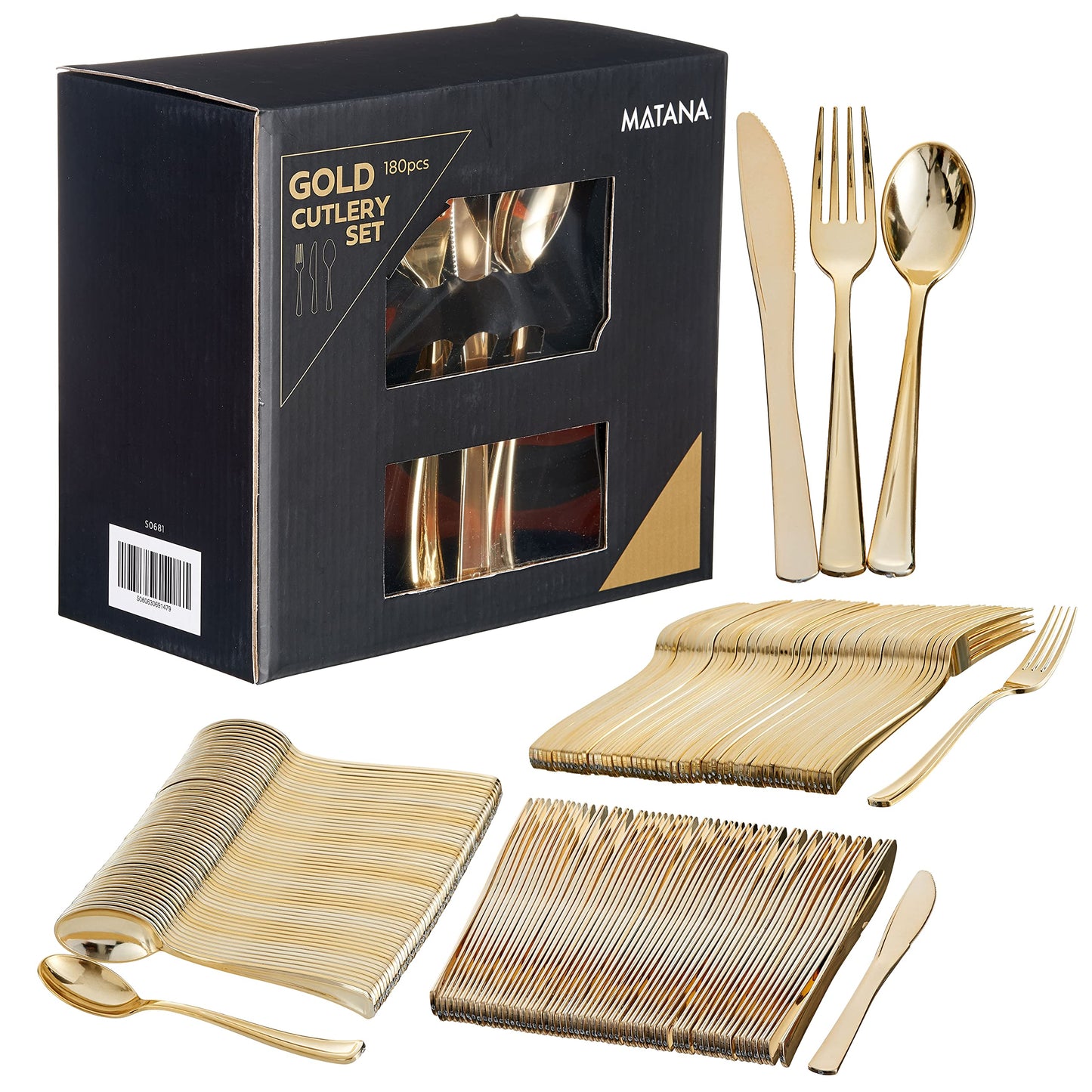 180er Goldenes Plastikbesteck Set - 100x Löffel, Gabeln & Messer