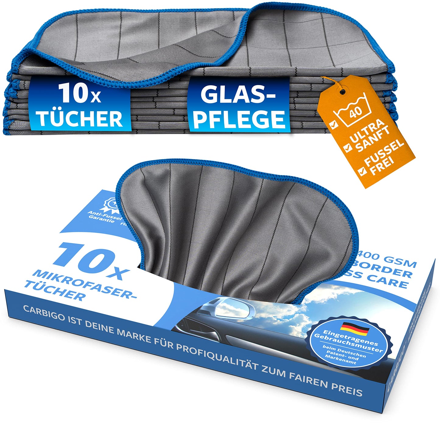 Carbigo® Box 10x Mikrofaser Glastücher – Microfasertuch Glas für streifenfreie Reinigung von Scheiben, Fenster, Gläser – Kristallklare Autoscheiben – Perfekte Microfaser Glastücher 25x25cm (400 GSM)