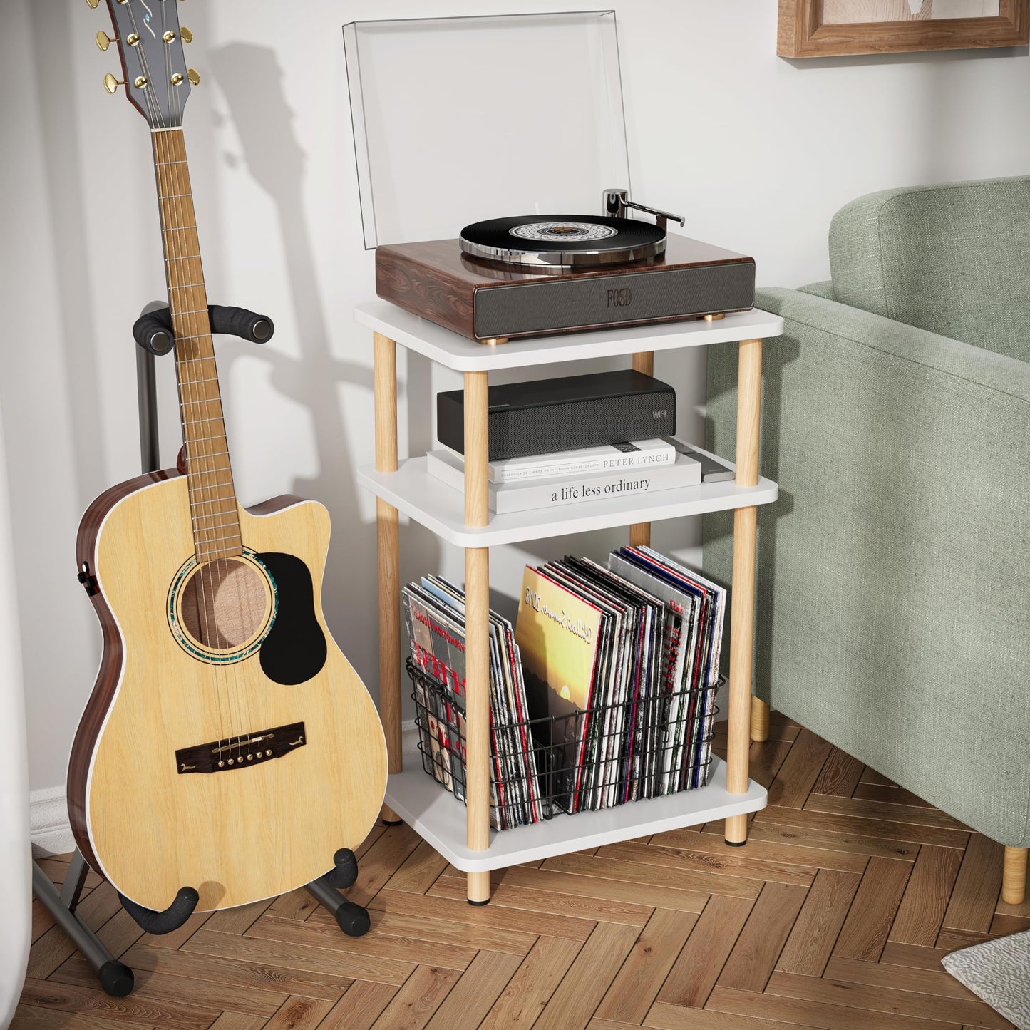 APICIZON 3 Tier Beistelltisch Schmal, Nachttisch Holz, Tisch Klein, Kleiner Beistelltisch fürs Wohnzimmer, Schlafzimmer, Balkon, Arbeitszimmer, Natur&Weiss