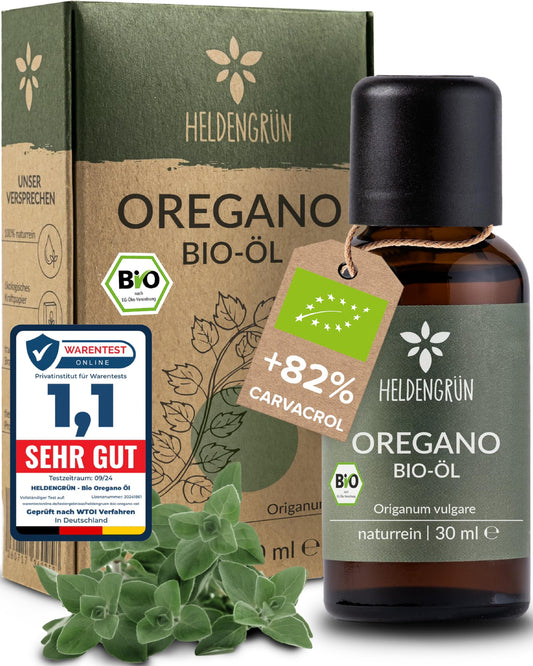 Heldengrün® BIO Oregano Öl [HOCHDOSIERT] mit +82% Carvacrol - Zertifiziertes Lebensmittel zum Einnehmen - Oreganoöl Bio aus Griechenland - Oregano Oil