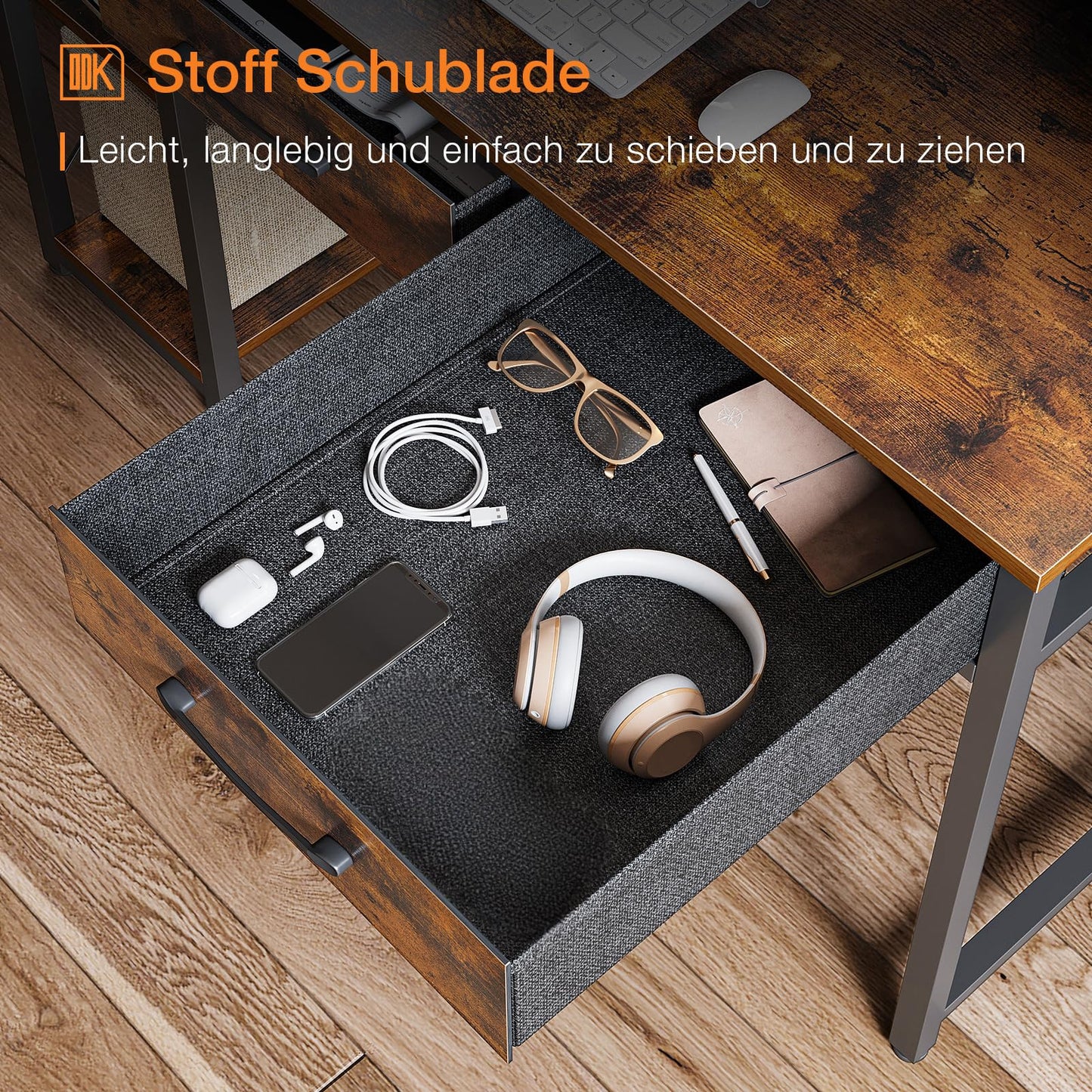 ODK Schreibtisch mit 2 Schubladen, Computertisch mit Regalen und Monitorständer, Bürotisch mit Bücherregal, Computertisch Klein PC-Tisch Officetisch für Home Office, 120x50x87cm, Rustikales Braun