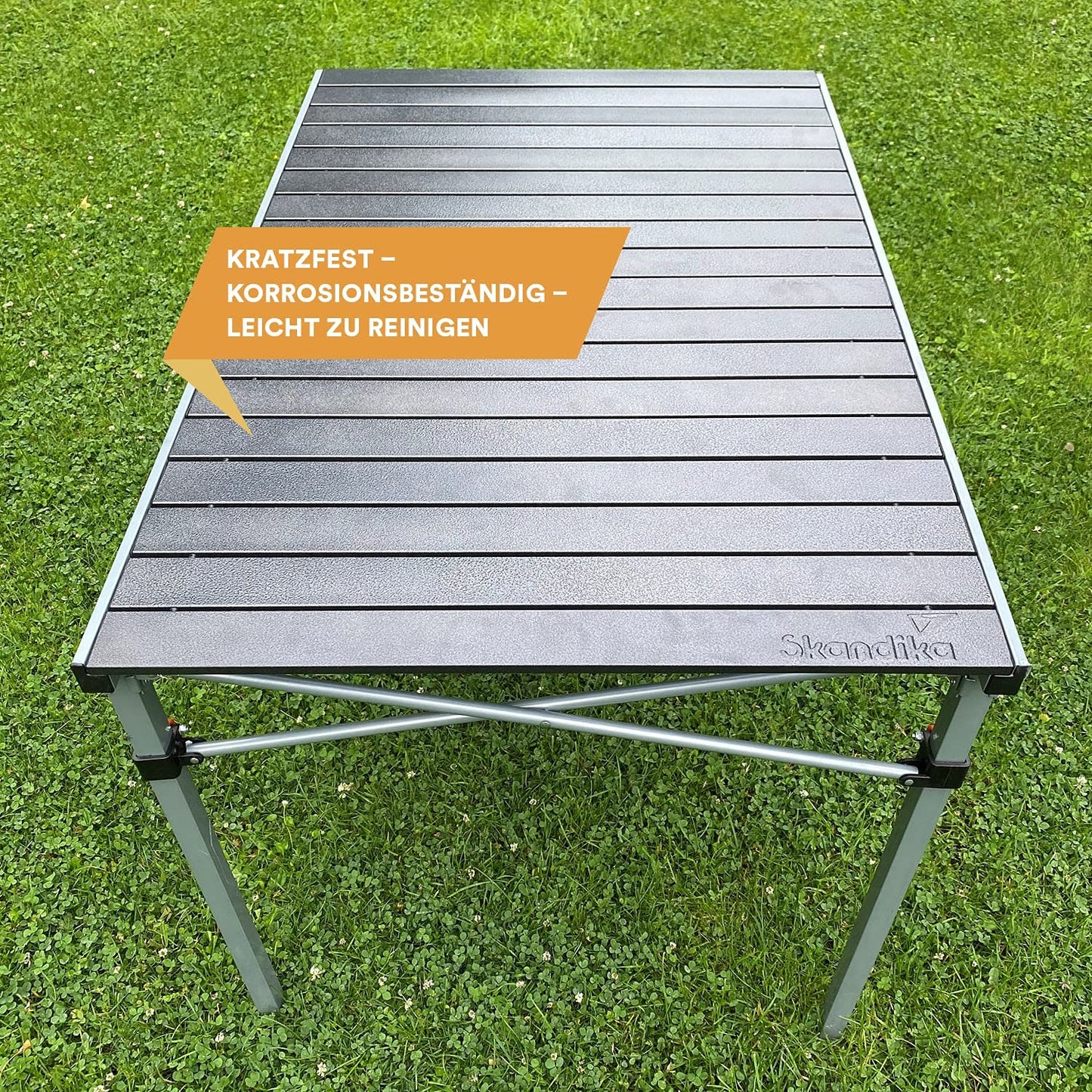 Skandika Aluminium Klapptisch Maikku | Alu Campingtisch für 6 Personen, 80 kg Traglast, 107 x 70 x 70 cm, wasserfest, klappbar, leicht, einrollbare Tischplatte | Falttisch für Garten, Angeln (Grau)