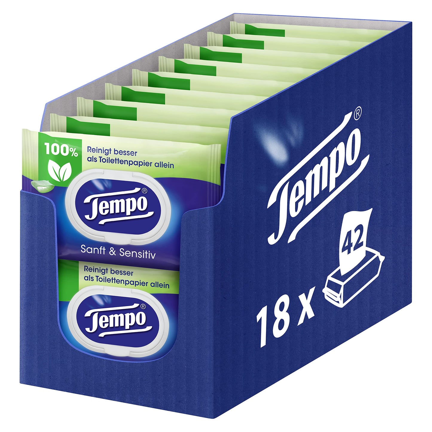 Tempo Toilettenpapier, feucht, sanftundsensitiv Trio-Pack (18 Packungen x je 42 Blatt), Großpackung, 1 kg