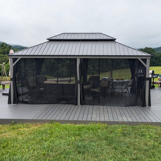 PURPLE LEAF Alu Pavillon 4.25 x 5.95 m Wasserdicht Winterfest Stabil Hardtop Pavillon mit Seitenteile Pavillon für Garten, Terrasse, Hellgrau