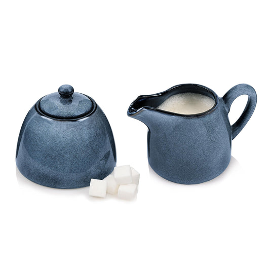 Sänger | Milch und Zucker Set Darwin 3 TLG, Zuckerdose und Milchkännchen Set Steingut, Zuckerdose mit Deckel und Milchkanne, Milchbehälter und Zuckerdosierer, Zuckerbehälter Blau | Premium Collection