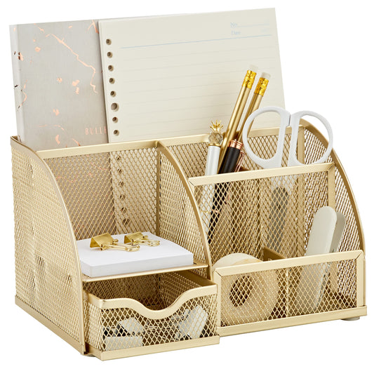 Annova Schreibtisch Organizer in Gold mit 7 Fächern und Schublade aus stabilem Metallgeflecht – ideal für Büro, Schule oder Homeoffice.