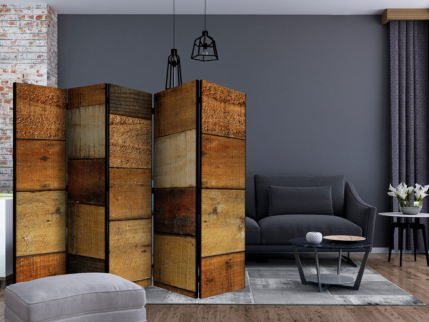 murando Raumteiler Foto Paravent Holz 225x172 cm beidseitig auf Vlies-Leinwand Bedruckt Trennwand Spanische Wand Sichtschutz Raumtrenner Design Holzoptik Wood Bretter f-C-0244-z-c