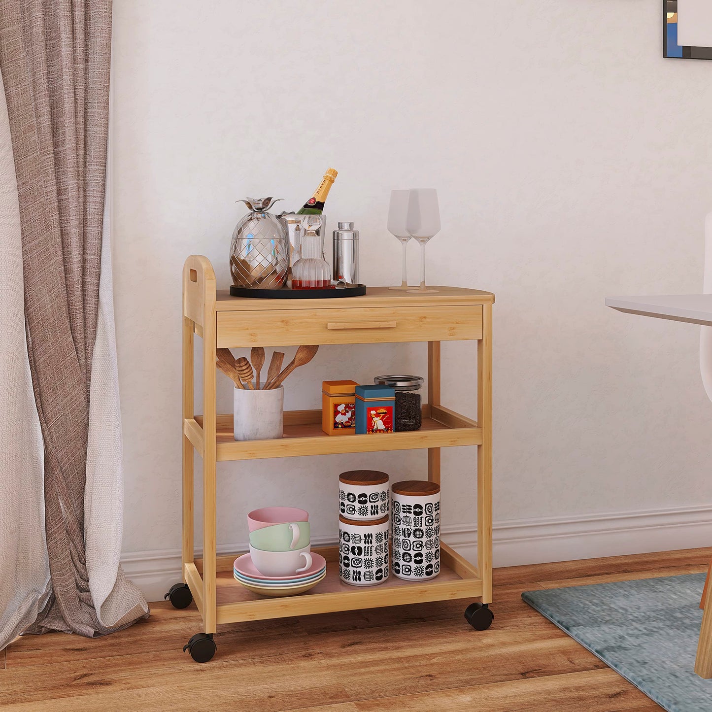SMIBUY Kücheninsel Wagen auf Rädern mit Lagerung Schublade & Regale, Bambus 3-Tier Rolling Utility Serving Rack mit Massivholz Arbeitsplatte & Lockable Casters (Natural)