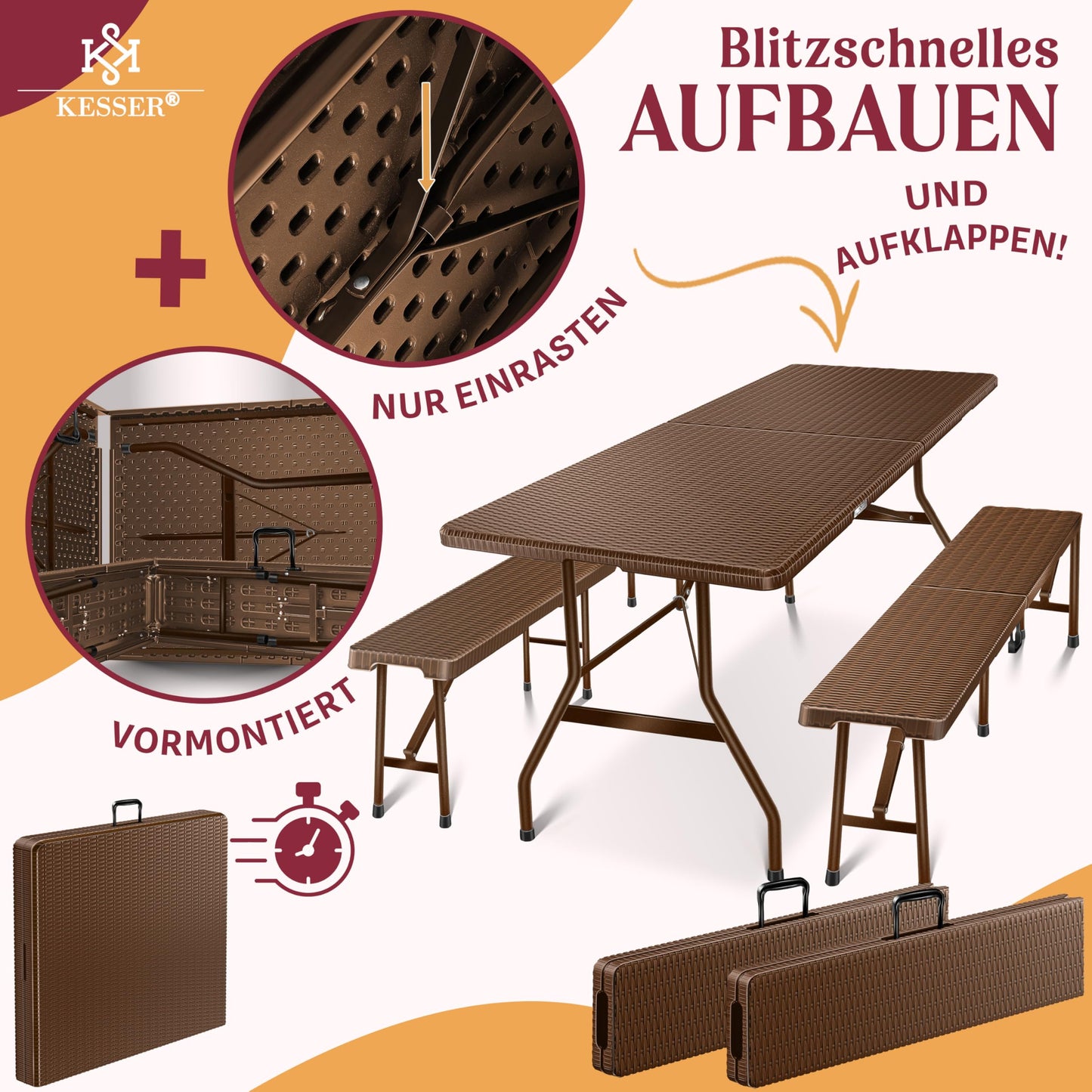 KESSER® Bierzeltgarnitur 3-teilig Set Tisch + 2X Bank, für drinnen - draußen klappbar Tragegriffe, HxBxT: 73x180x75 cm, Kunststoff, Rattan-Look Gartengarnitur, Klapptisch, Gartentisch, Braun