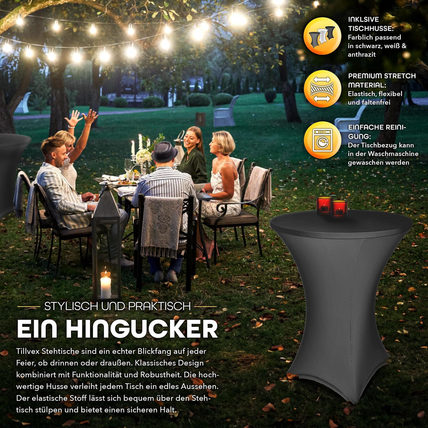 tillvex® Gastro Stehtisch klappbar 2er Set Ø80cm mit Husse | Bistrotisch FERTIG MONTIERT | Klapptisch rund - wetterfester Partytisch | Gartentisch Indoor & Outdoor