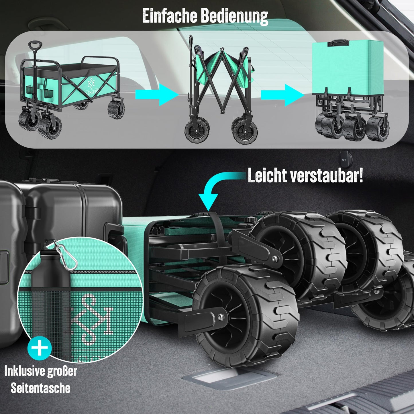 KESSER® Bollerwagen faltbar mit Breite Reifen Handwagen Transportkarre Gerätewagen, inkl. 2 Netztaschen & Seitentasche | klappbar | Vollgummi-Reifen | Transportwagen Gartenanhänger, Mint Grün