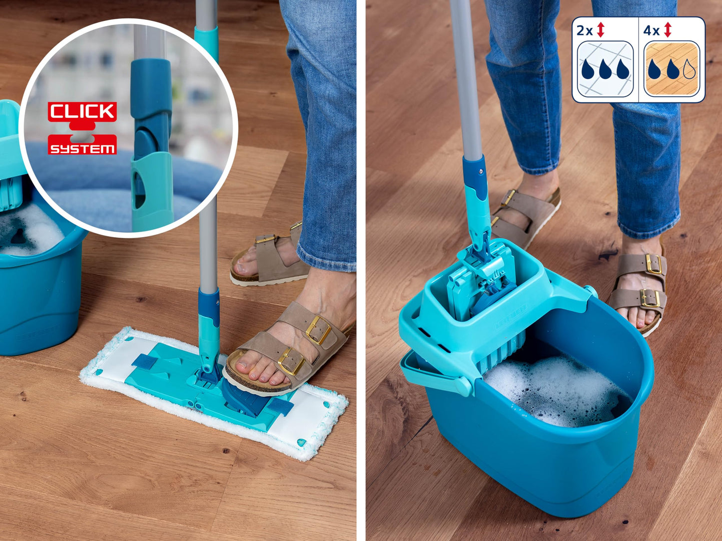 Leifheit Set POWER CLEAN, Wischer für Alle, rückenschonender Bodenwischer mit Reinigungsklingen, Wischtuchpresse, Wischmopp Set mit Eimer und 2x Mikrofaser Wischbezüge für alle Hartböden, Click-System