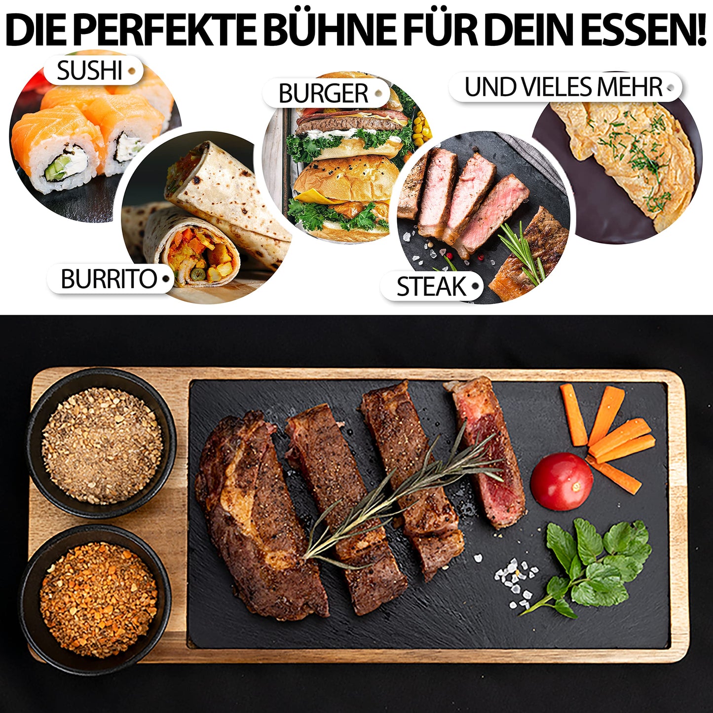 LIKAYA® Servierbrett 2er-Set 'LUIS' – FSC® Akazienholz & Schieferplatte mit Saucenschüsseln | Perfekt als Grillbrett, Steakbrett & Geschenk für Burger, Steak & Sushi