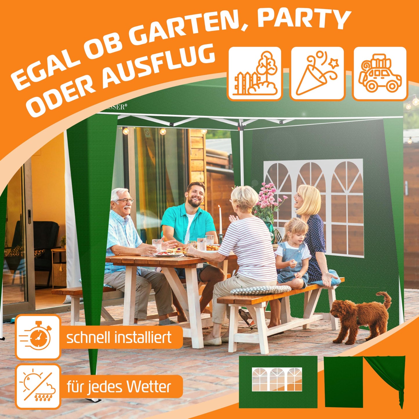 KESSER® 2X Seitenwand für Pavillon 3x3m - Faltpavillon Pop Up | klappbar | platzsparend | verstaubar, Grün