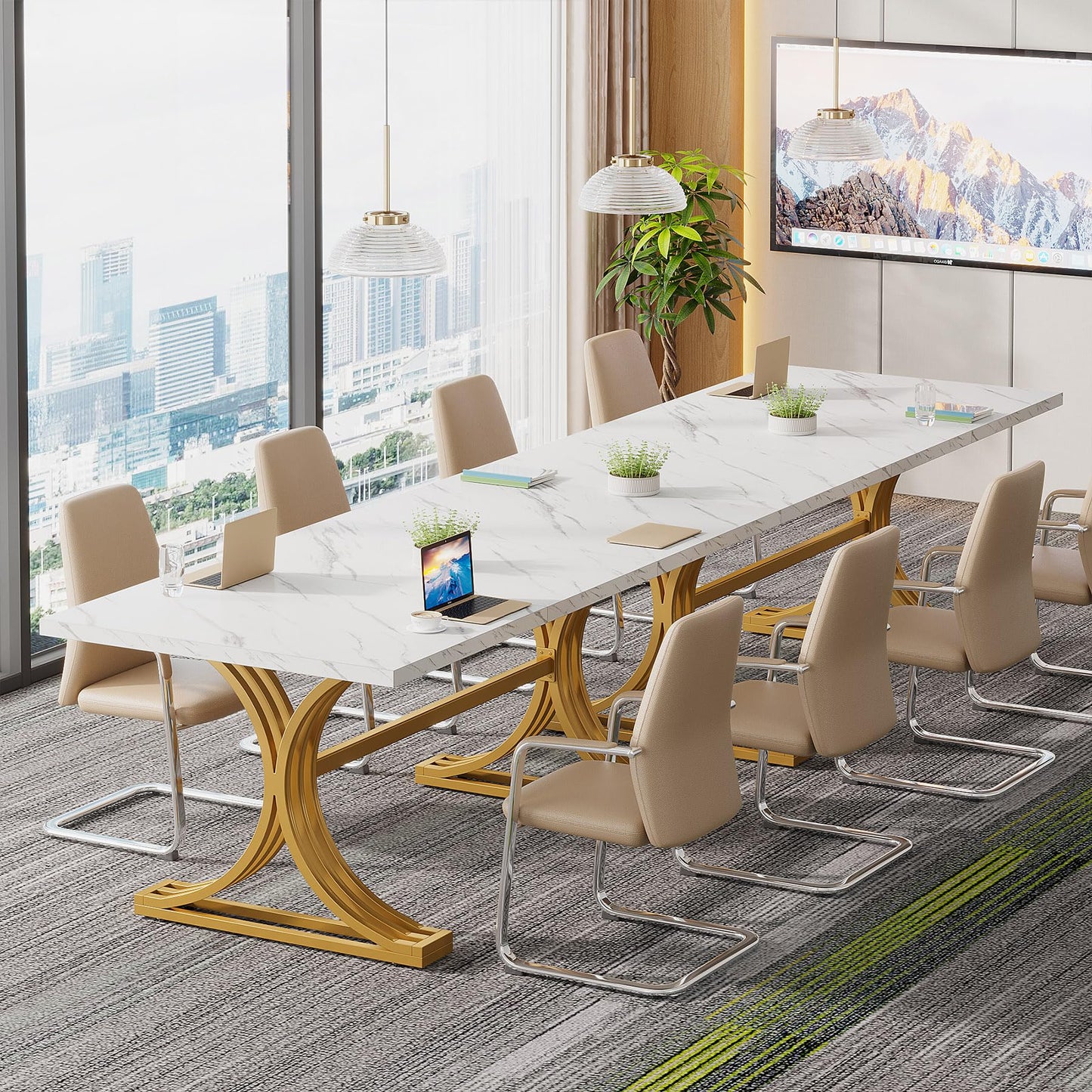 Tribesigns Konferenztisch aus Kunstmarmor, moderner Besprechungstisch mit goldfarbenen Beinen für 8–10 Personen, rechteckiger Seminar-Tisch für Büro, Konferenzraum (4, Weiß + Gold)