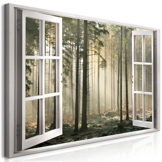 murando Wandbild Mega XXXL Fensterblick Einteiliger XXL-Format Kunstdruck zur Selbstmontage Leinwandbilder moderne Bilder DIY Wanddekoration Wohnung Deko Wald Nebel c-C-0378-ak-e
