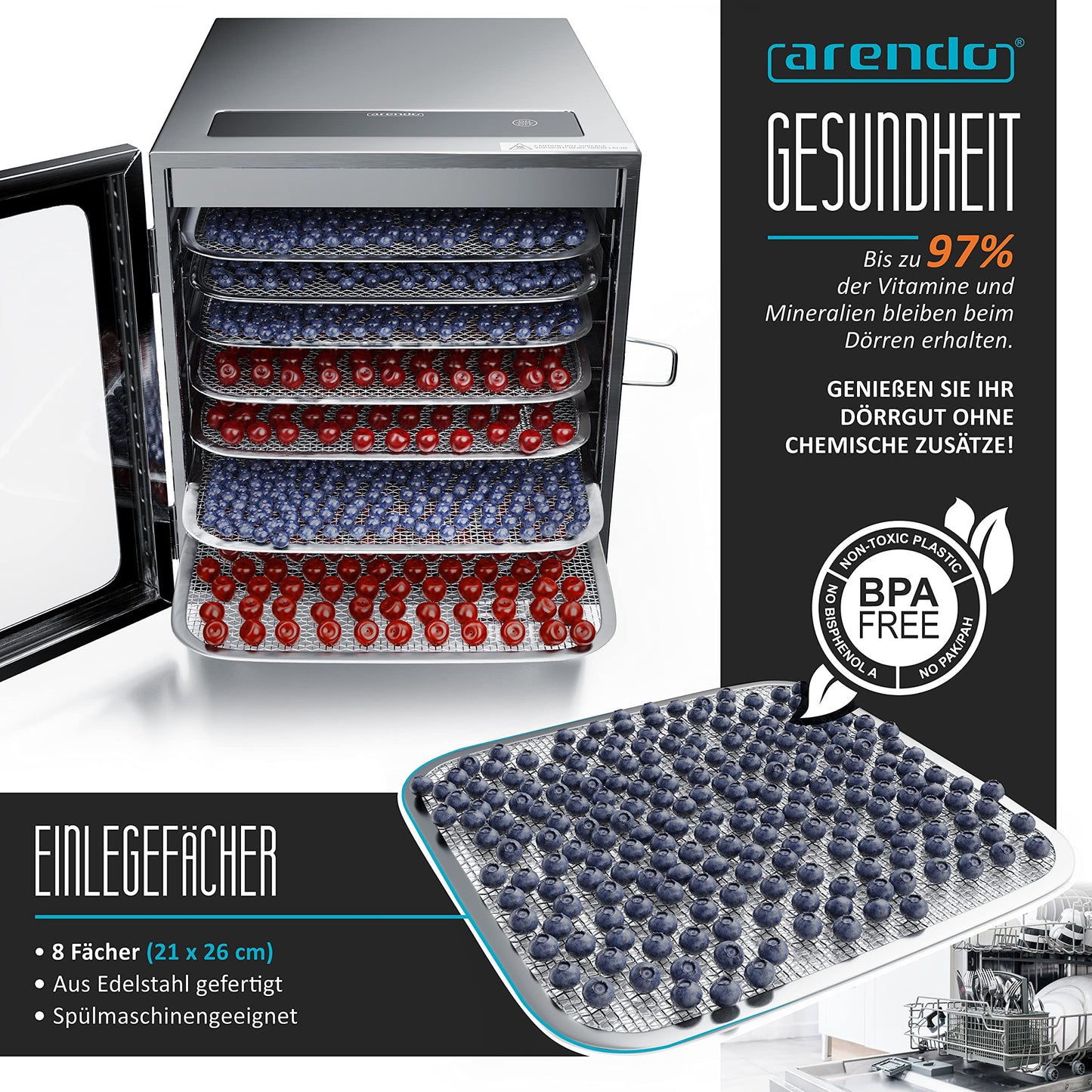 Arendo Edelstahl-Dörrgerät 8-Fach, 500W, mit Temperaturregelung und 24h-Timer, BPA-frei für Obst, Gemüse, Fleisch und Kräuter