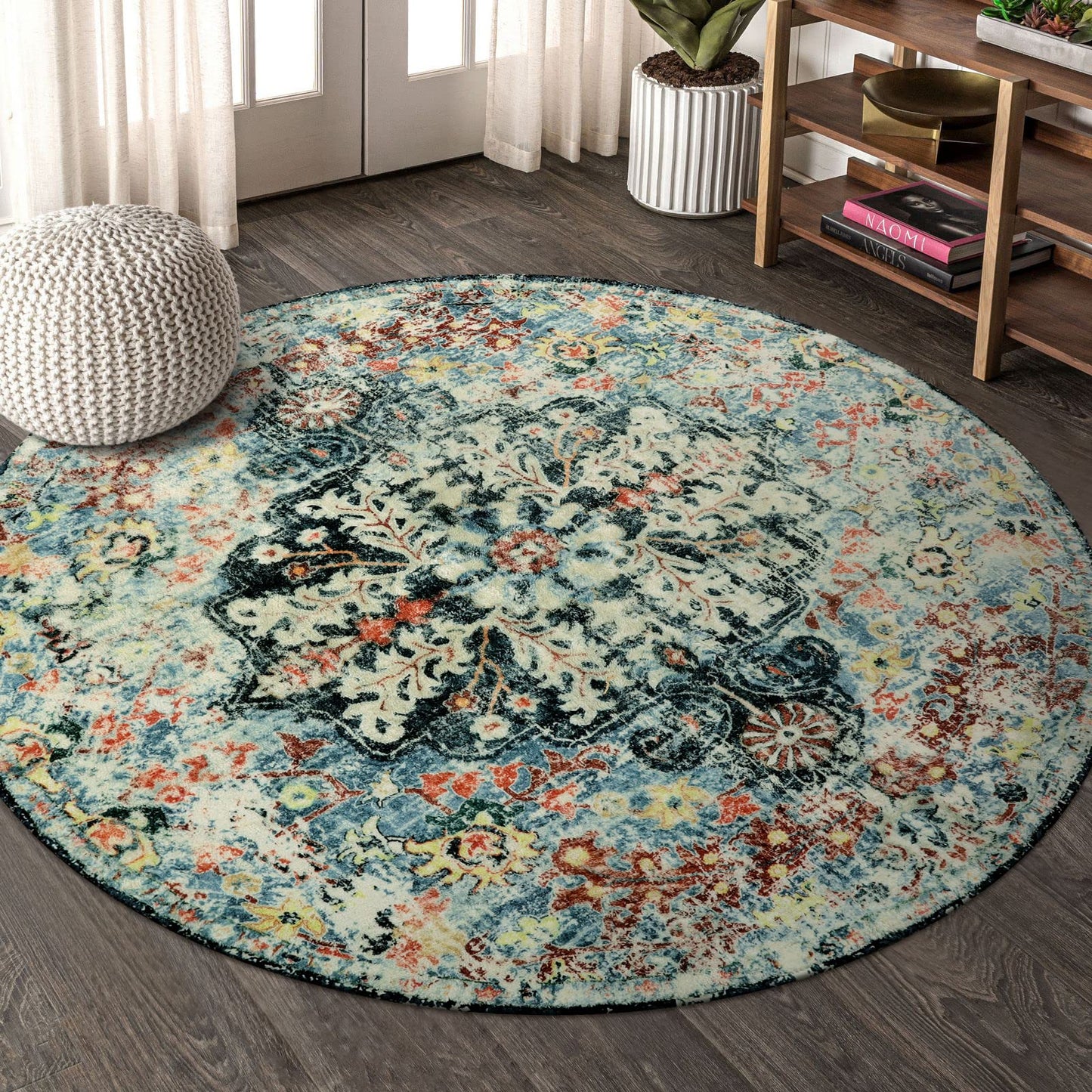 Lahome Runder Teppich mit böhmischen Blumen-Medaillon-Motiven, 122 cm, runder Teppich, weich, Badezimmermatte, türkisisch, rutschfest, maschinenwaschbar, für den Innenbereich, Küche, Couchtisch