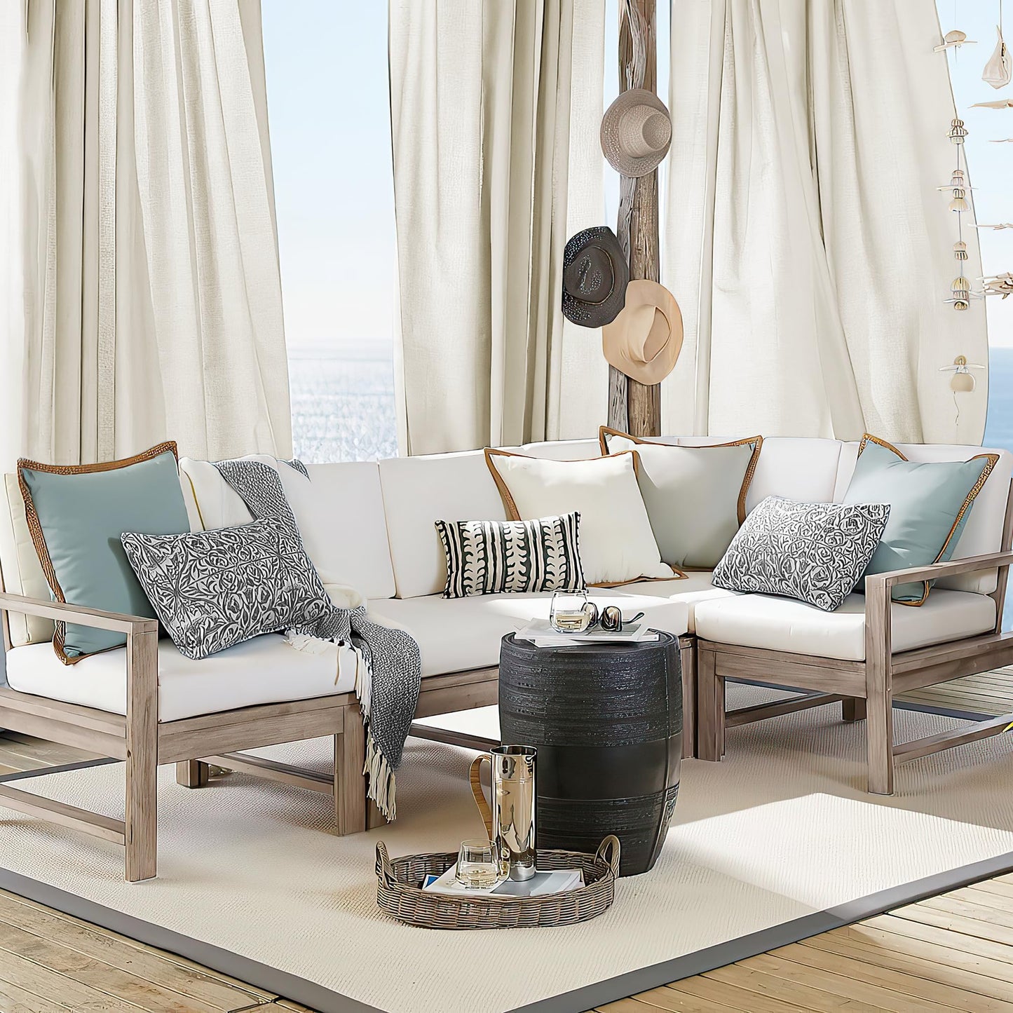PONY DANCE Outdoor Vorhang mit Ösen 2er Set Terrasse Vorhänge Leinen Boho Outdoor Gardinen Beige Halbtransparent Outdoorvorhänge für Draußen & Pavillon, H 213 x B 140 cm