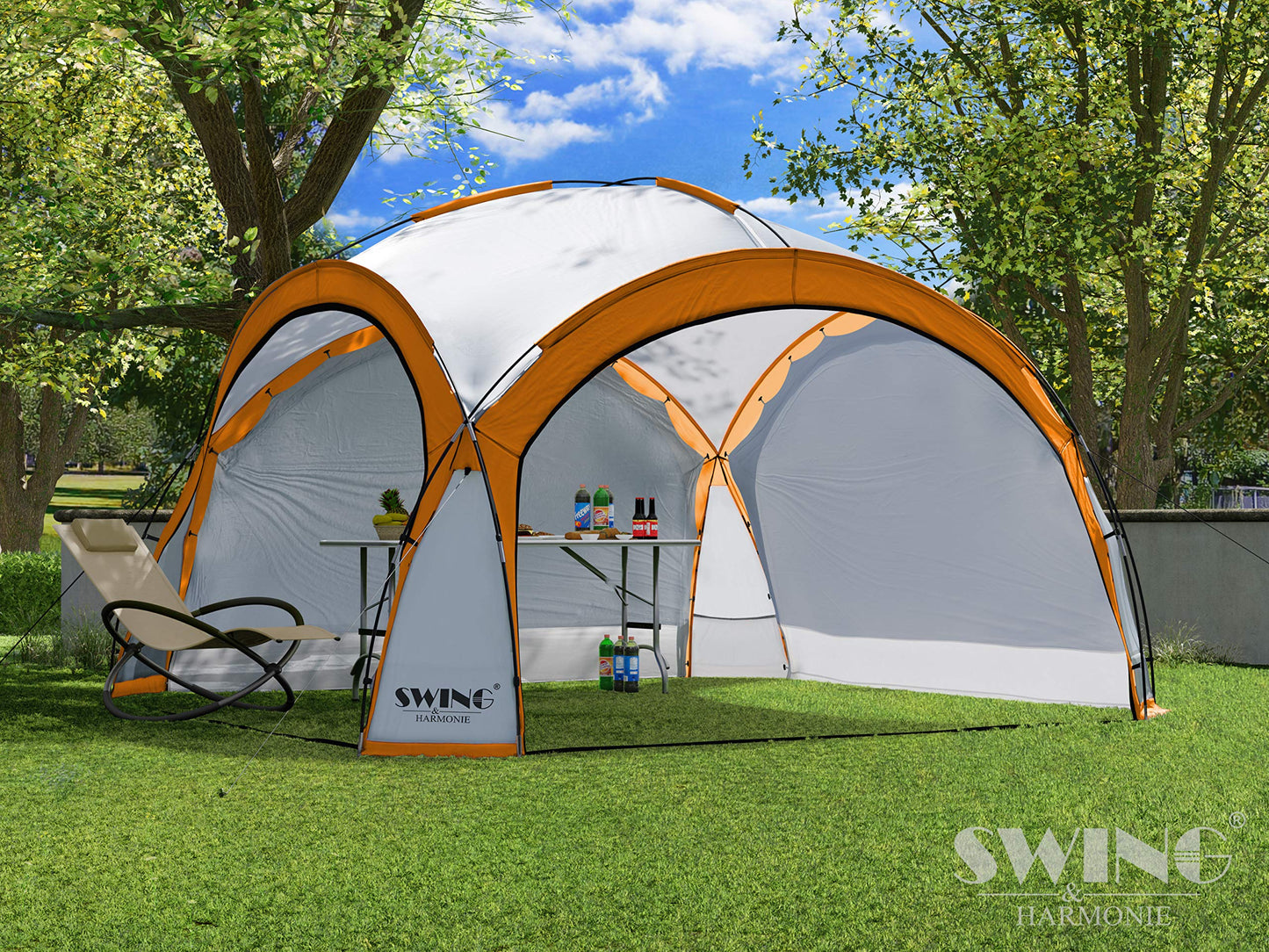 Swing & Harmonie LED Event Pavillon 3,6 x 3,6m DomeShelter Garten Pavillion inkl. Solarmodul Pavilion Designer Gartenzelt Camping Pavilon Partyzelt mit Beleuchtung (Orange)