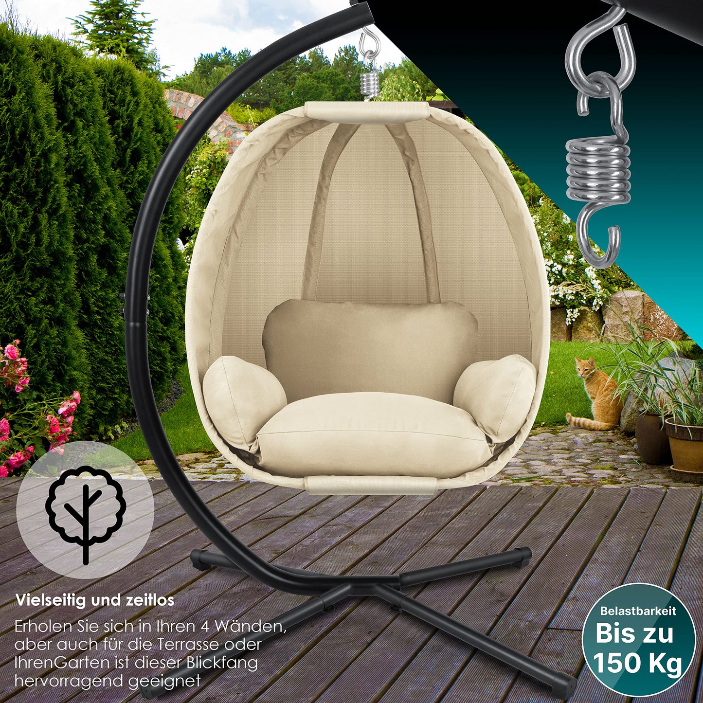 KESSER® Luxe Hängesessel mit Gestell + weicher Sitzkissen, Seitenpolsterung, Sitz- und Rückenkissen Hängekorb Indoor & Outdoor, Garten Schaukel Korb Hängestuhl Stabiler Standfuß, max. 150 kg Beige
