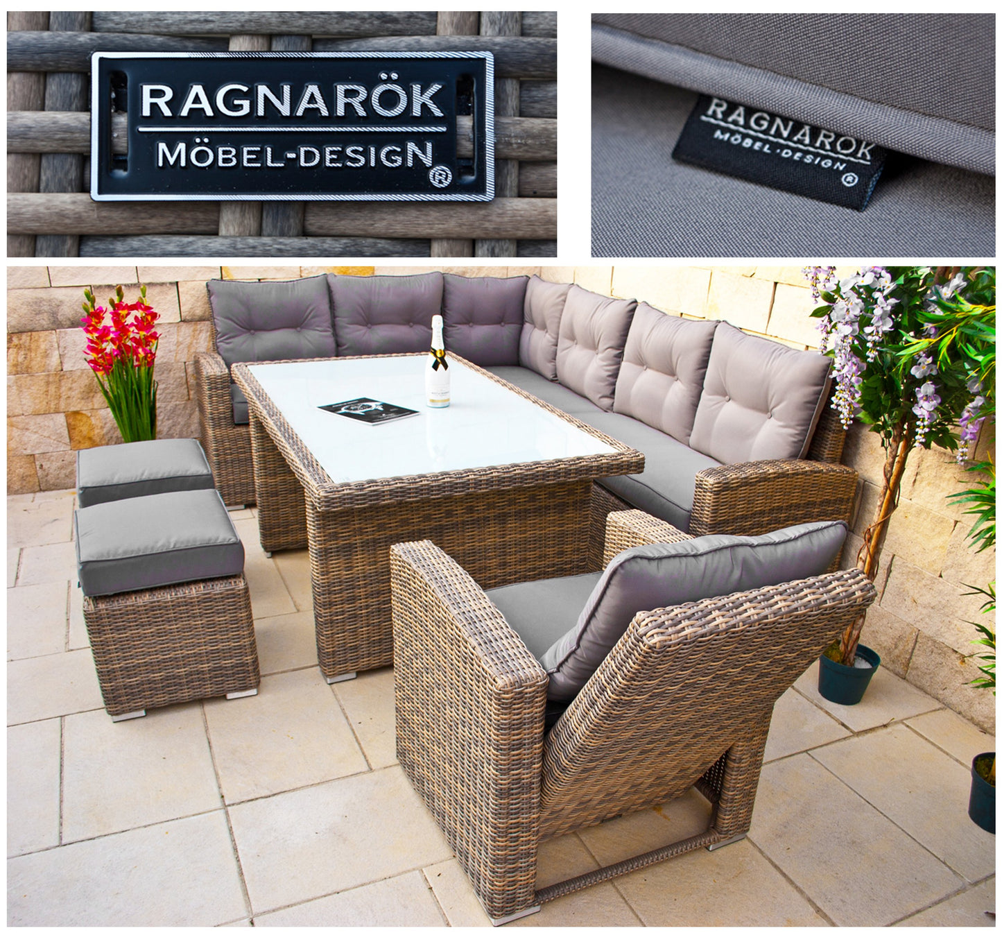 hohe Dining Lounge - DEUTSCHE Hersteller - 8 Jahre GARANTIE - EIGENE Produktion - PolyRattan Gartenmöbel Essgruppe Sessel Naturfarben Rundrattan Grau