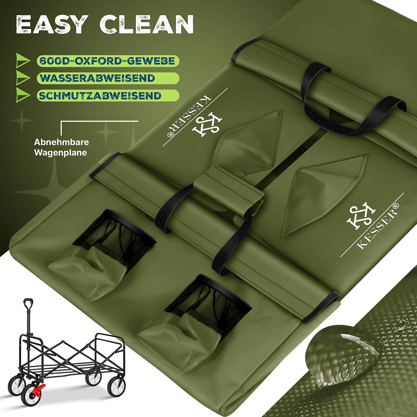 KESSER® Bollerwagen faltbar Handwagen Transportkarre Gerätewagen | inkl. 2 Netztaschen & Cover | klappbar | PVC-Reifen | bis 80 kg Tragkraft transportwagen Gartenanhänger ohne Dach, Khaki/Schwarz