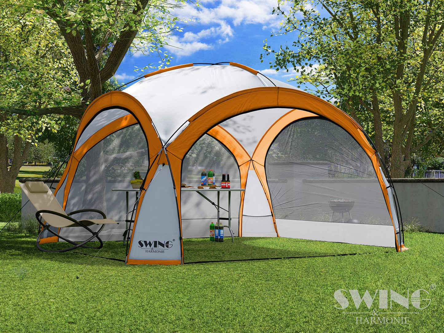 Swing & Harmonie LED Event Pavillon 3,6 x 3,6m DomeShelter Garten Pavillion inkl. Solarmodul Pavilion Designer Gartenzelt Camping Pavilon Partyzelt mit Beleuchtung (Orange)