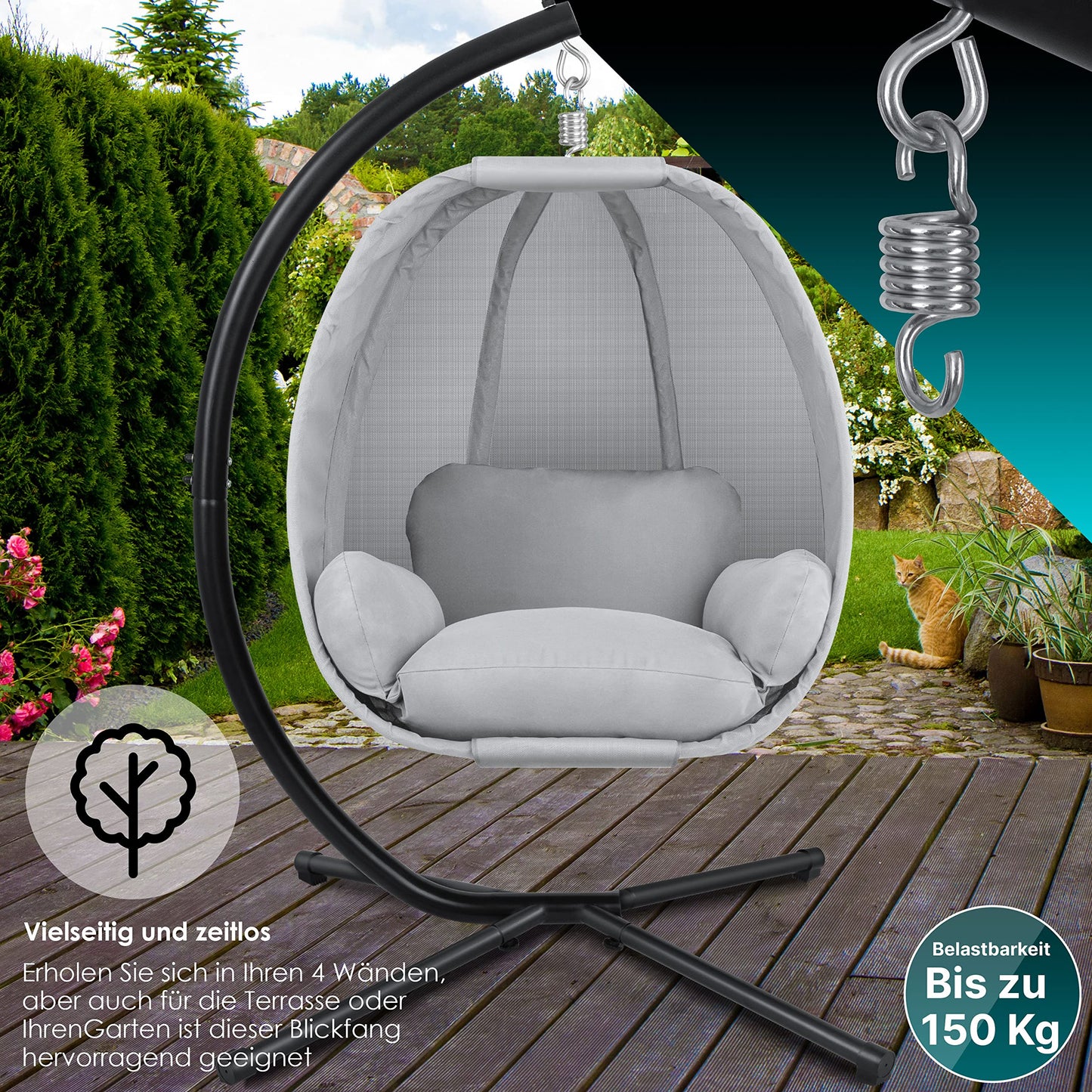 KESSER® Luxe Hängesessel mit Gestell + weicher Sitzkissen, Seitenpolsterung, Sitz- und Rückenkissen Hängekorb Indoor & Outdoor, Garten Schaukel Korb Hängestuhl Stabiler Standfuß, max. 150 kg Grau