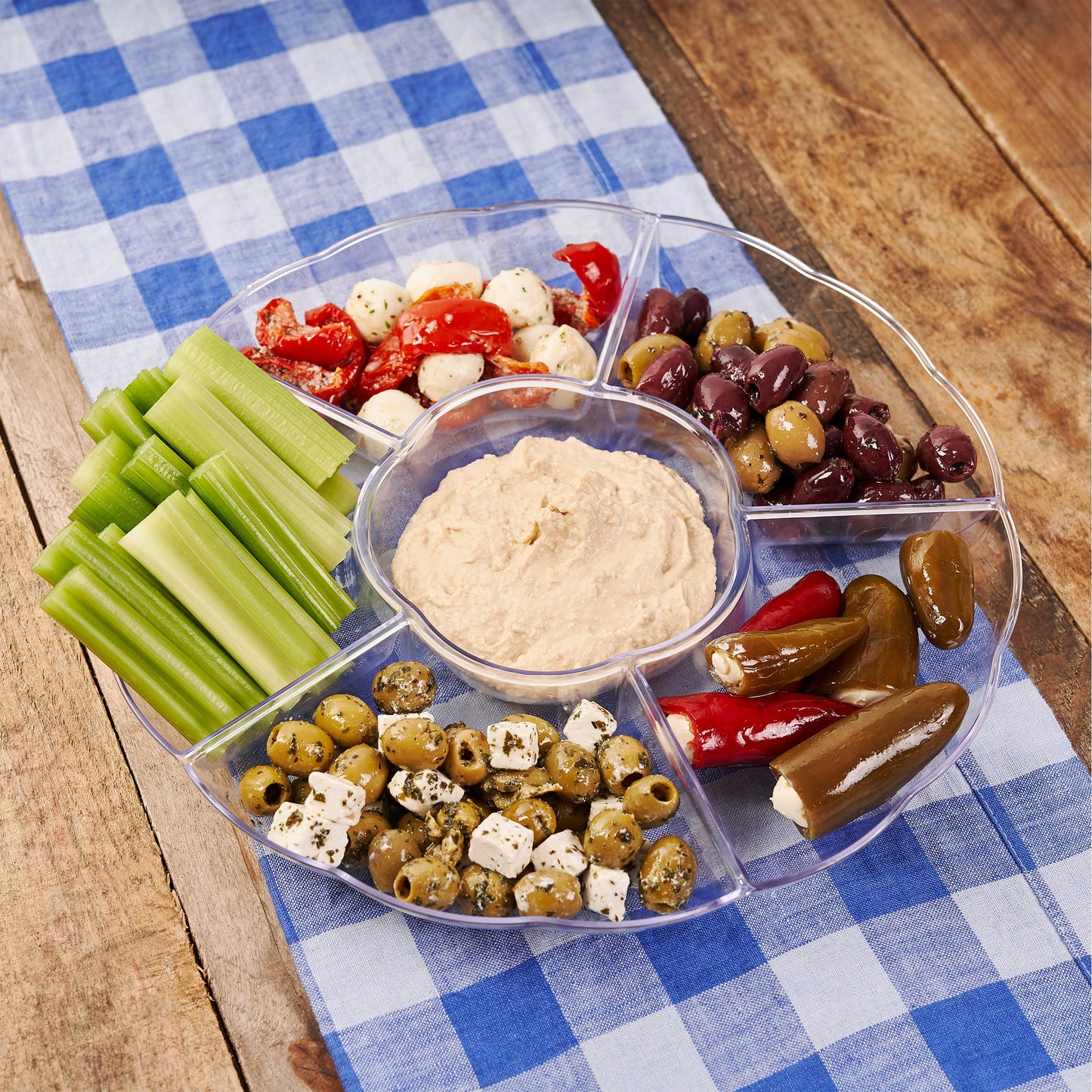 MATANA 5 Transparente Snackteller mit 6 Fächern (Kunststoff, 31cm) - Servierteller, Snackschalen & Dipschalen - Picknick & Partys - Elegant, Stabil & Mehrweg