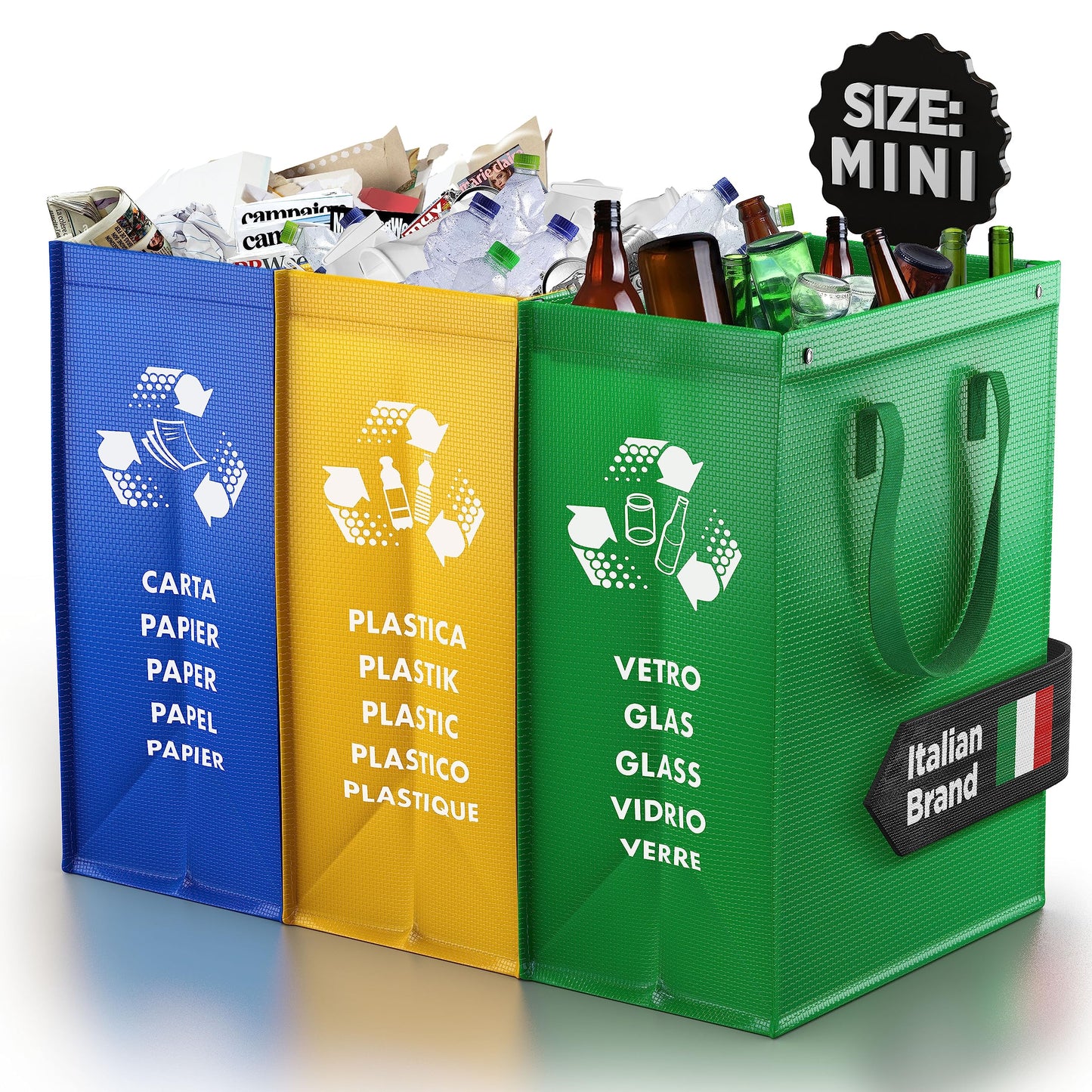 PTMS® Mülleimer 3 Fächer - Mülltrennsystem für Papier, Glas und Plastik - Umweltfreundliche Recycling Organizer Taschen aus sehr resistenten und wiederverwendbaren Materialien - Einfache Entleerung