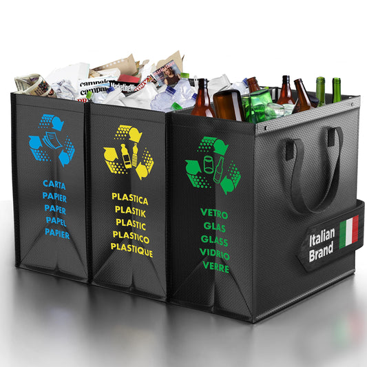 PTMS® Mülleimer 3 Fächer - Mülltrennsystem für Papier, Glas und Plastik - Umweltfreundliche Recycling Organizer Taschen aus sehr resistenten und wiederverwendbaren Materialien - Einfache Entleerung