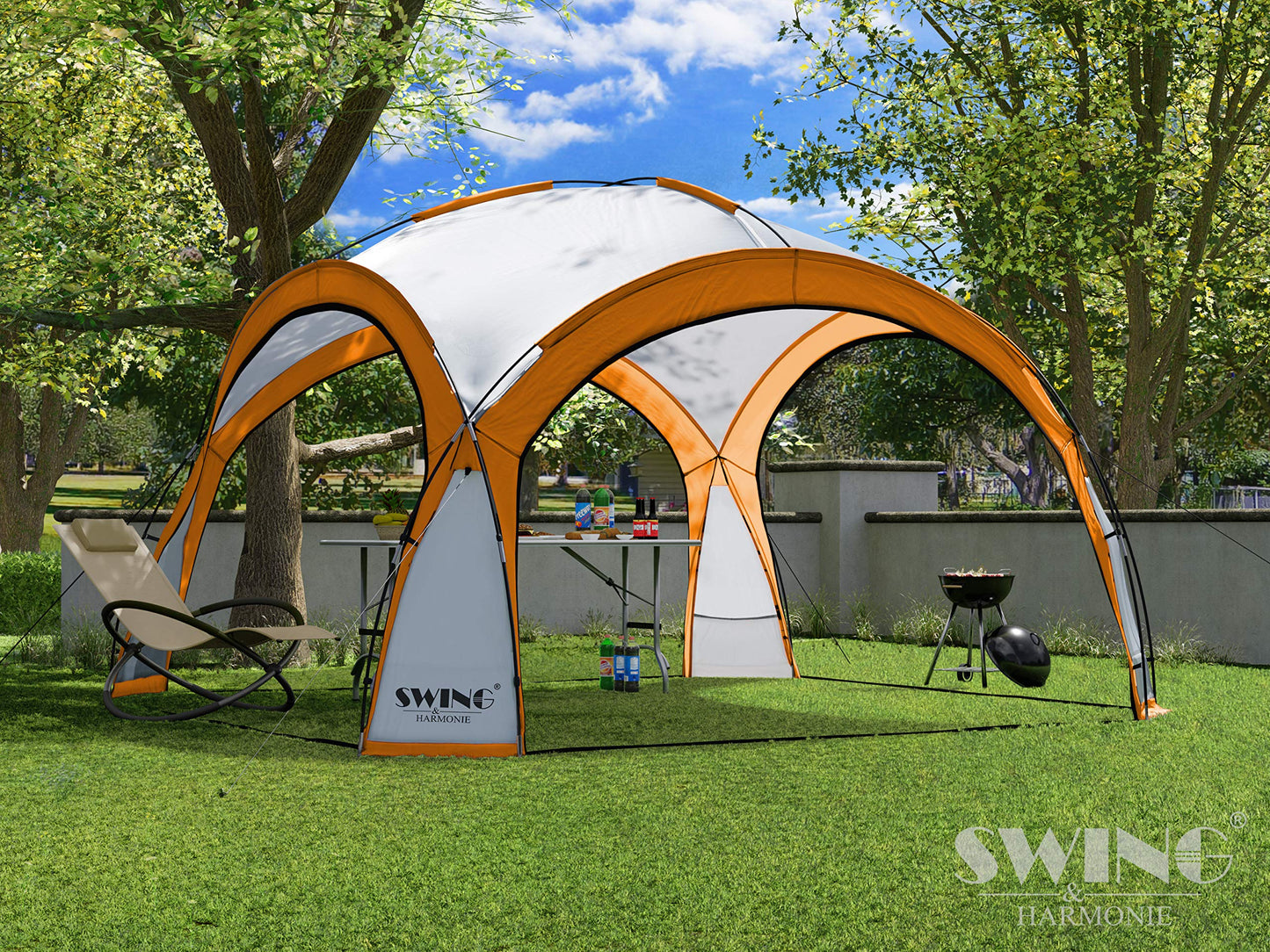 Swing & Harmonie LED Event Pavillon 3,6 x 3,6m DomeShelter Garten Pavillion inkl. Solarmodul Pavilion Designer Gartenzelt Camping Pavilon Partyzelt mit Beleuchtung (Orange)