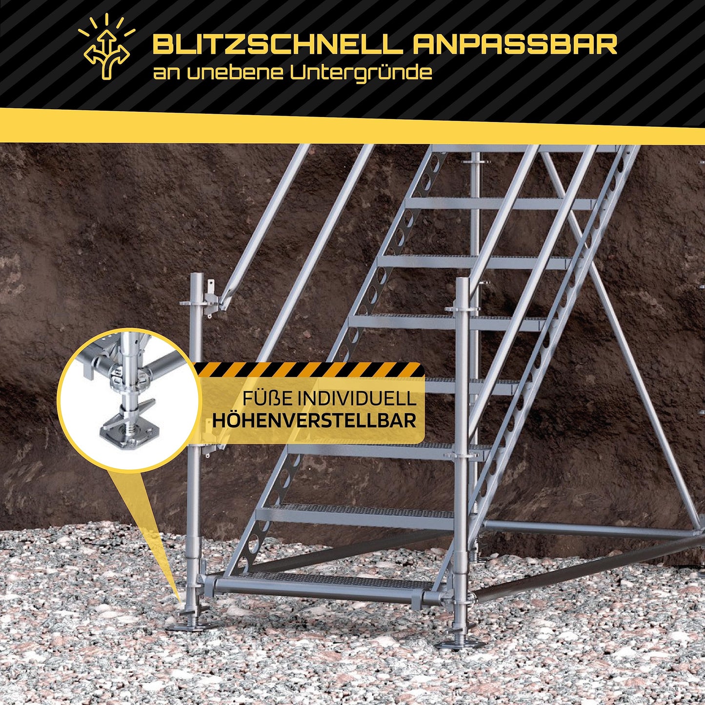 Scafom-rux Feuerverzinkte Bautreppe - [10 Stufen inkl. Geländer & Bausatz] Außentreppe - 2 Meter Höhe, 80 cm breit, Treppe außen - Stahltreppen für Gerüst & Garten - Aussentreppen Stahl