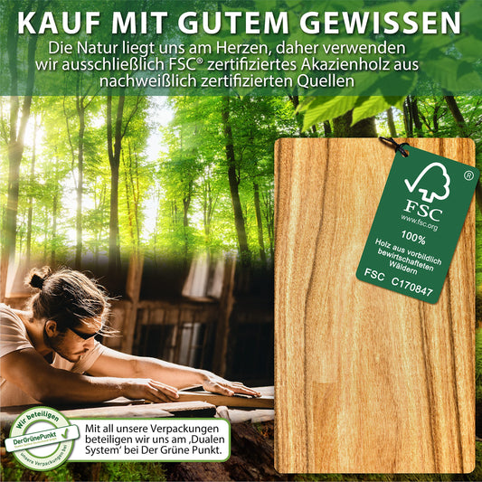 LIKAYA® Servierbrett 2er-Set 'LUIS' – FSC® Akazienholz & Schieferplatte mit Saucenschüsseln | Perfekt als Grillbrett, Steakbrett & Geschenk für Burger, Steak & Sushi