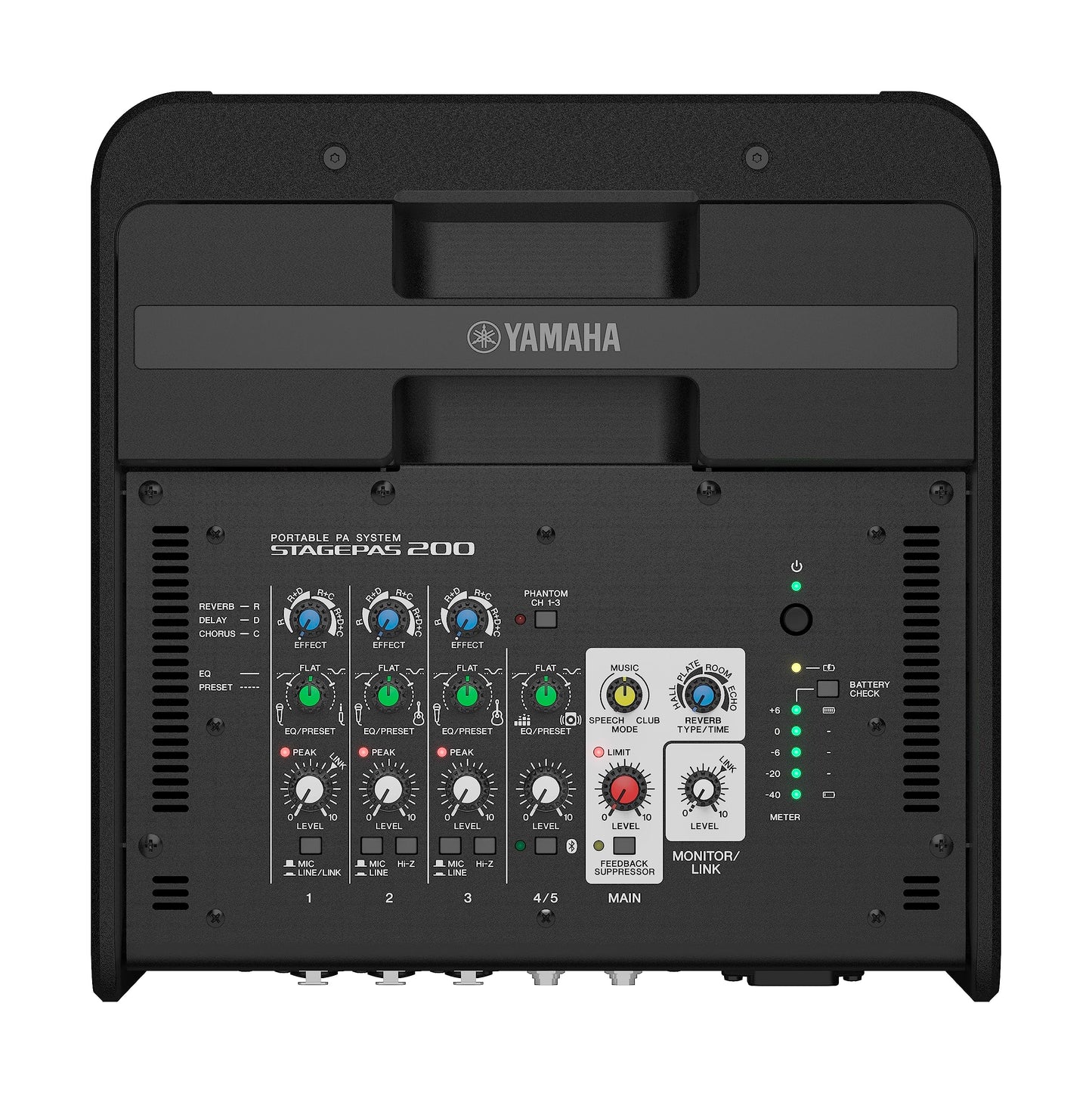 Yamaha STAGEPAS 200 BTR Tragbares PA-System – 180W Class-D Verstärker, 8" Koaxialtreiber, 5-Kanal Digitalmix, Ducker & Feedback-Unterdrückung, Bluetooth-Audio & Fernsteuerung, Inklusive Akku – Schwarz