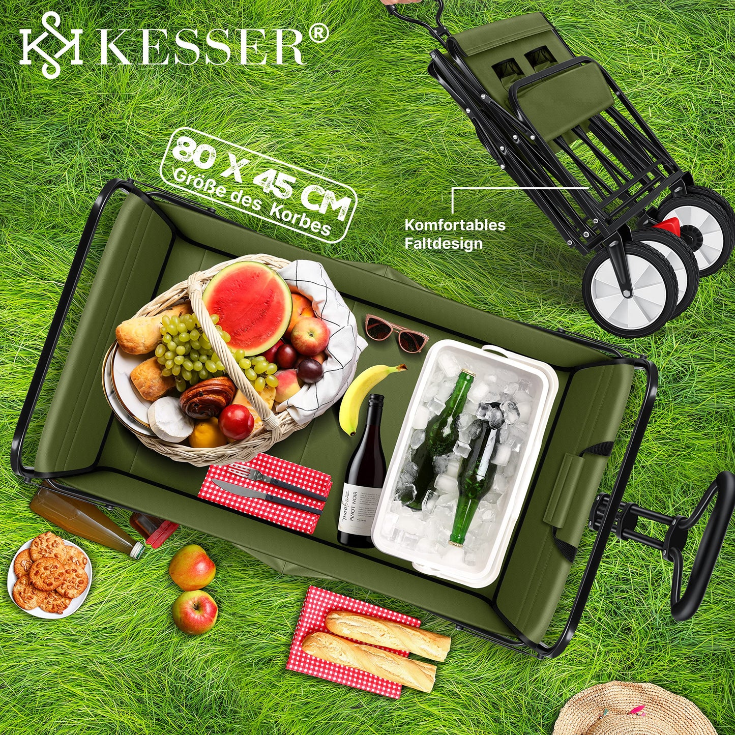 KESSER® Bollerwagen faltbar Handwagen Transportkarre Gerätewagen | inkl. 2 Netztaschen & Cover | klappbar | PVC-Reifen | bis 80 kg Tragkraft transportwagen Gartenanhänger ohne Dach, Khaki/Schwarz